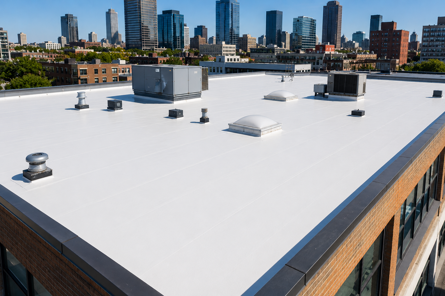 Restored flat roof with new TPO membrane and proper drainage