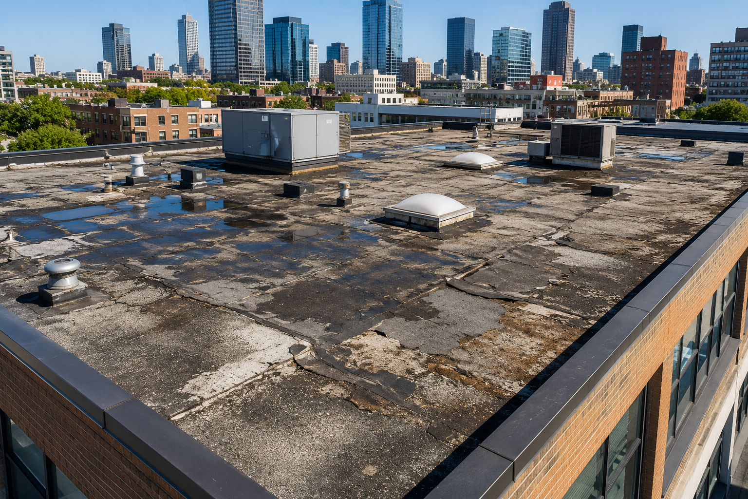 Deteriorating flat roof with ponding water and membrane damage