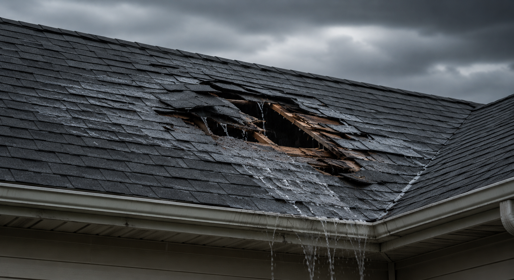 Roof with significant storm damage including torn shingles and exposed decking