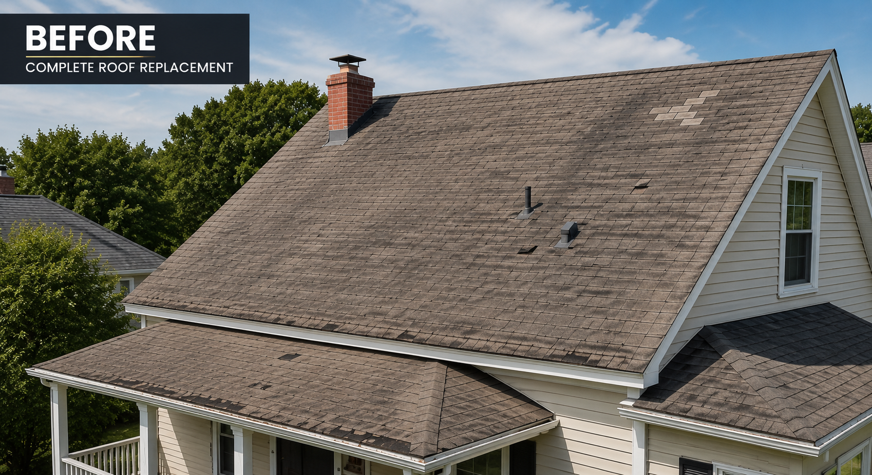 Damaged asphalt shingle roof with visible wear and missing shingles